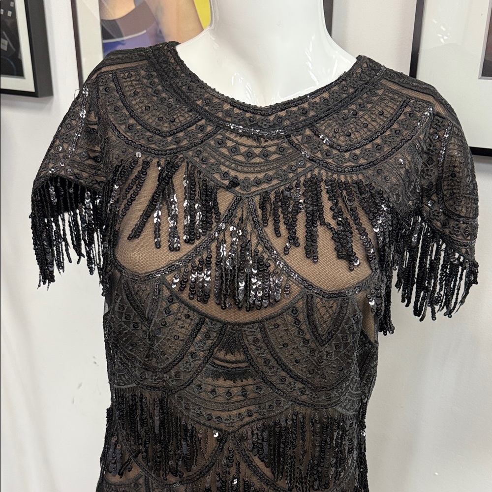 Tadashi Shoji Black Sequin Midi Dress with Fringe NWT - Picture 2 of 8